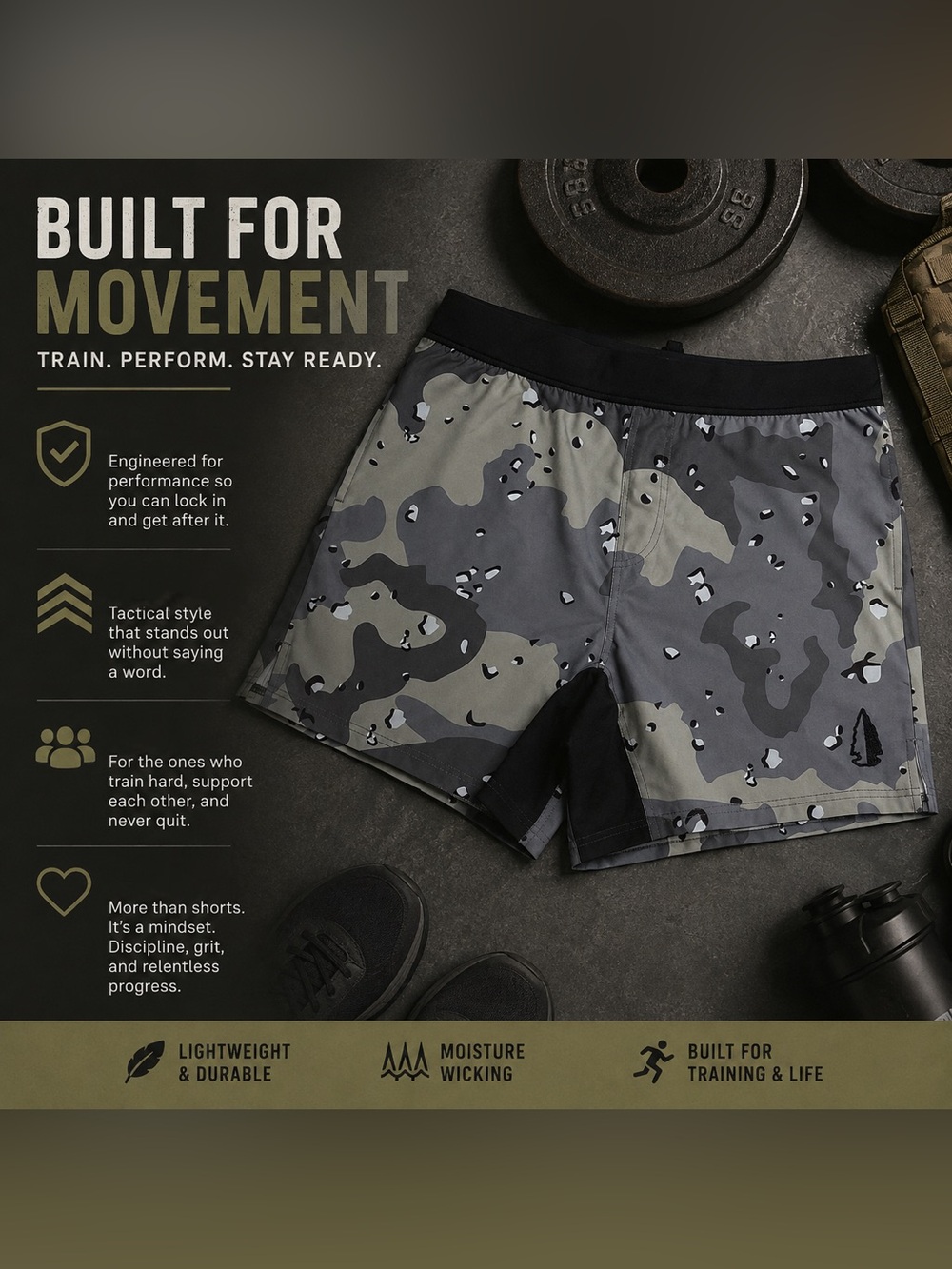 TacHuntFish Cement Choco Camo Performance Training Shorts XL